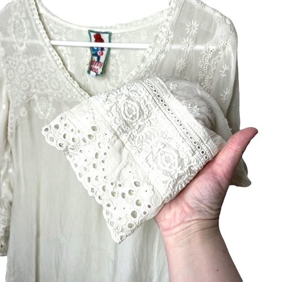 Johnny Was Boho Cream Ivory Lace Embroidered Eyelet Tunic 3/4 Sleeve Dress XS - Picture 6 of 15